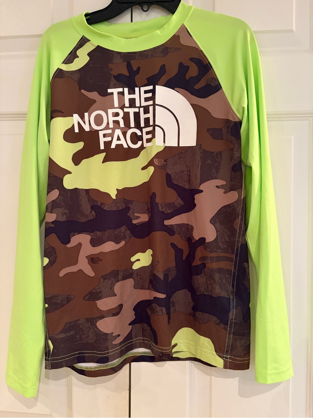 The North Face Kids' Camo Rashguard with Neon Green Sleeves